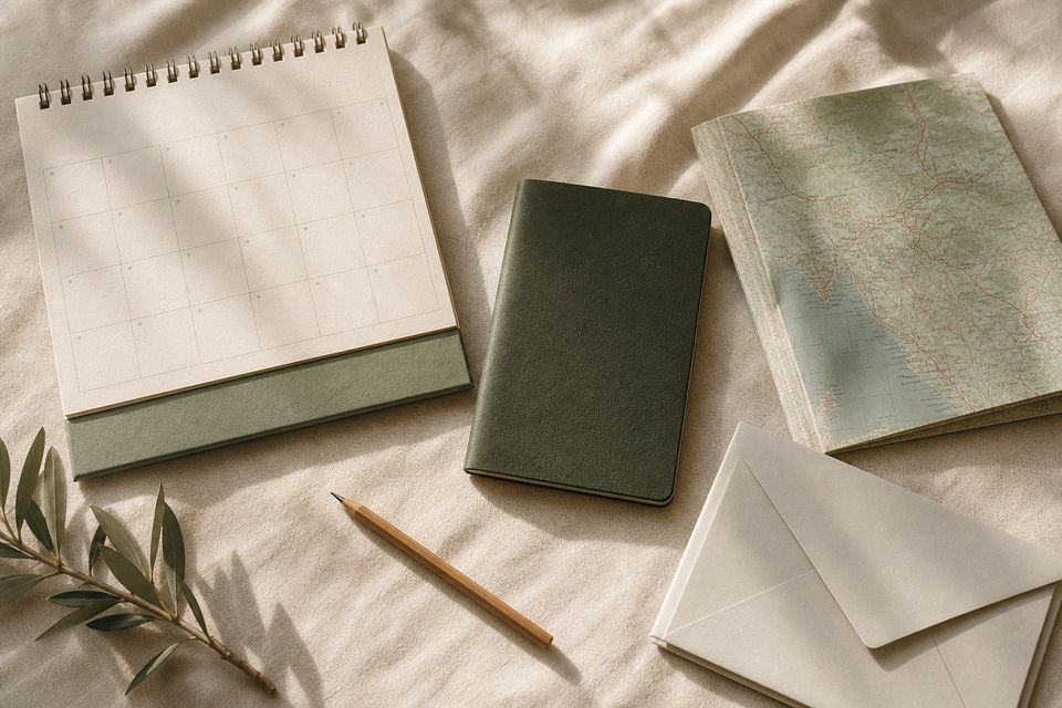 Travel calendar, passport, and route map arranged for an unhurried journey
