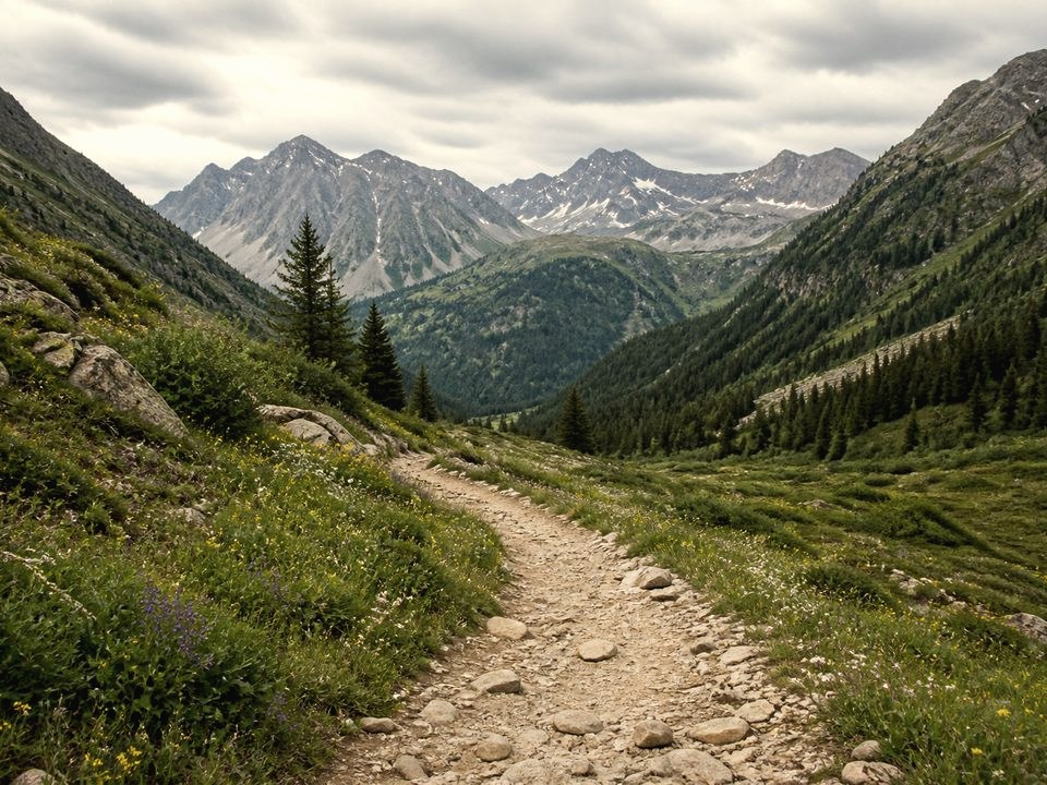 A mountain path through a quiet valley