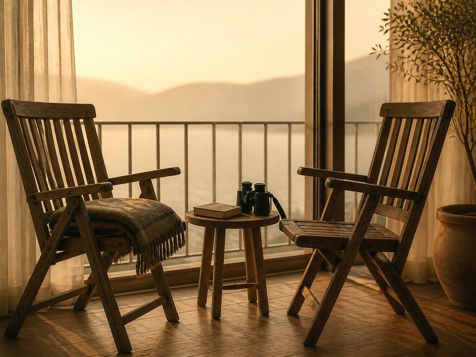 Two empty chairs on a balcony at dusk