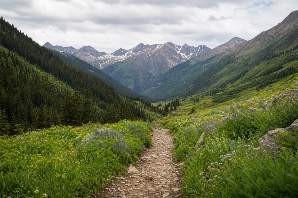 An empty mountain trail through a quiet valley